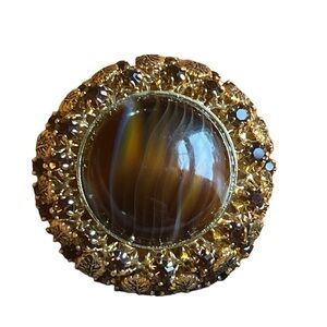 Vintage Venetian Porphyry Glass Cushion Style Statement Pin Brooch Leaves